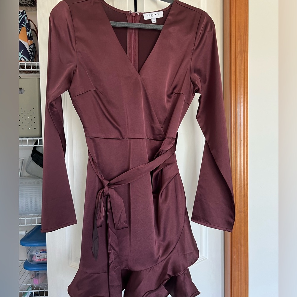 Maroon long sleeve satin dress